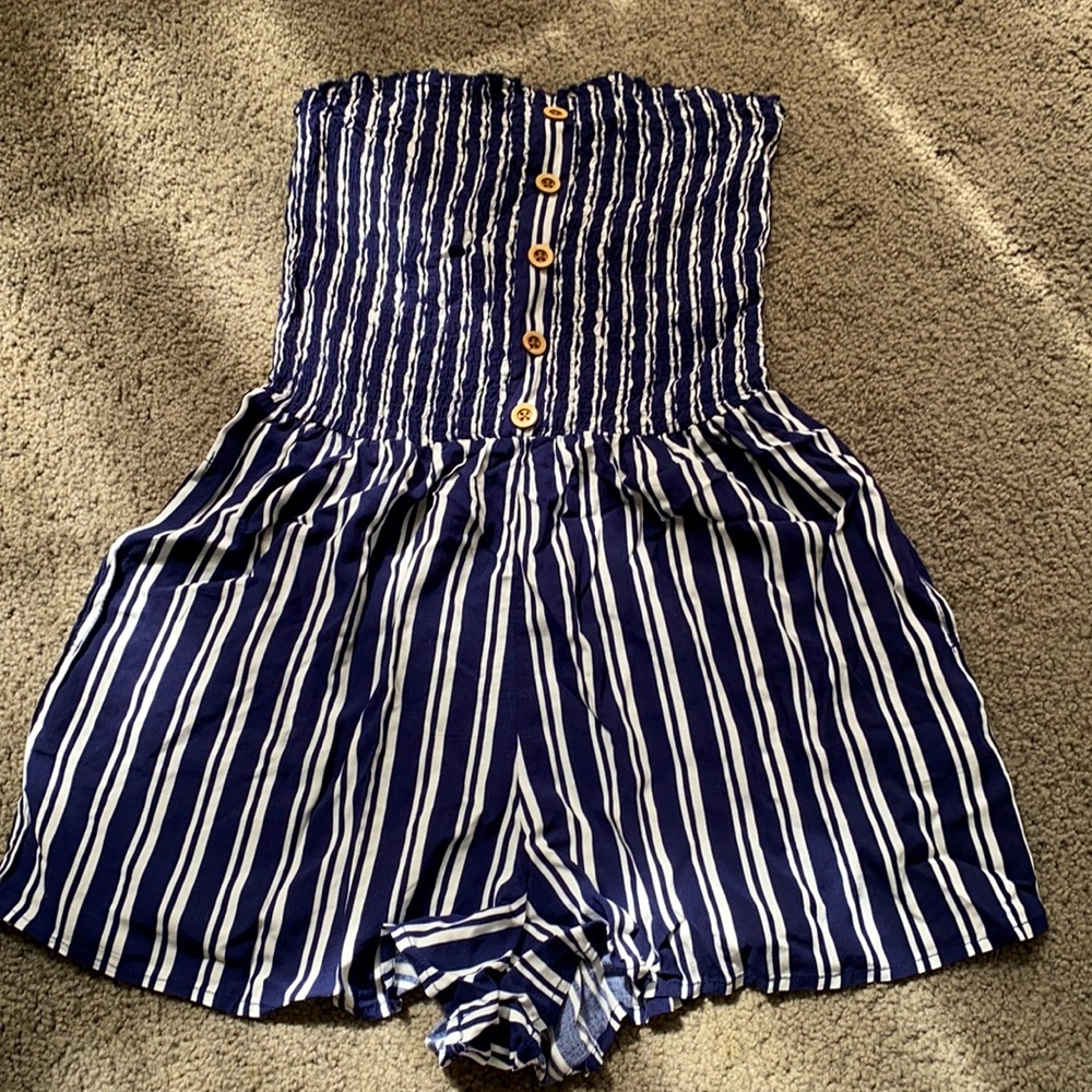 blue and white striped romper.